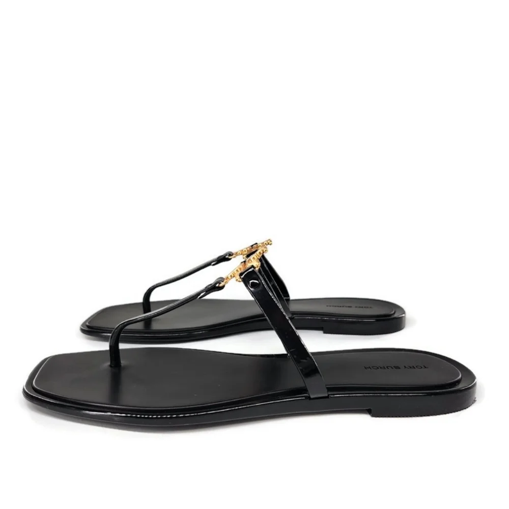 Tory Burch Roxanne Black Jelly Gold Double T Logo T-Strap Slide-On Thong Sandals - Picture 3 of 9